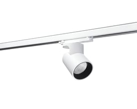 SG Armaturen Aneto hvid spotlight til 3-faset skinne, med lyskilde og sort inderkant på en hvid skinne.