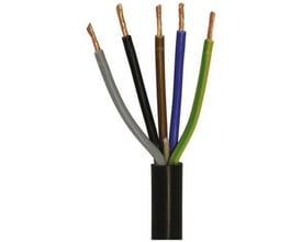 Sort 5G2,5 H05VV-F ledning med fem farvede ledere: grå, sort, brun, blå og gul/grøn isoleret med PVC.