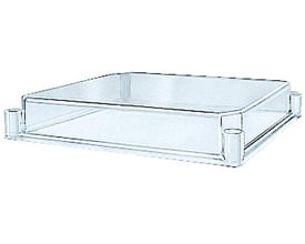 Nærbillede af Schneider Electric transparent polycarbonat låg, viser monteringsdetaljer og 270x270mm størrelse.
