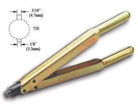 Guldfarvet nottang 720G til udstandsning af 3,2 mm not, med tekniske mål 3/16" og 1/8" vist ved siden af.