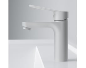 AM.PM Hit et-grebs håndvaskarmatur i mat hvid, monteret på en hvid bordplade med naturligt lysindfald.