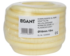 Nordic Quality flexrør i gul, oprullet med korrugeret overflade og mærkat med 16 mm og 10 meter.