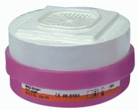 Honeywell Safety Products A2P3-twinfilter med hvidt låg og lilla underdel, set skråt forfra.