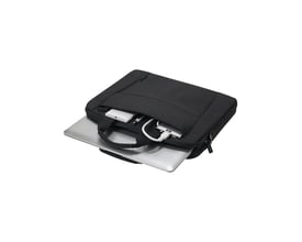 Dicota Eco Slim Case til 15-15.6" bærbar computer, vist med en laptop og tilbehør, sort.