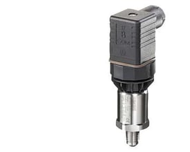 Siemens SITRANS P200 tryktransmitter til 1 bars måling med et robust sort stik og en blank metalbund på hvid baggrund.