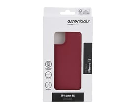Essentials ultra slim soft case til iPhone 15 i burgundy, vist i original emballage med info om MagSafe og letvægtsdesign.