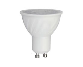 Hvid V-TAC GU10 LED-pære med dæmpbar funktion, 6,5 W og bred lysfordeling på 110°.