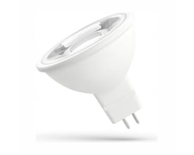 SpectrumLED LED-pære GU5.3/MR16 på 4 W med 3000 K ses skråt forfra med hvid reflektorskål og to metalstifter.