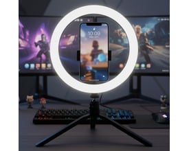 V-TAC LED-ringlys på 10 tommer med bordstativ lyser omkring en mobiltelefon på et skrivebord.