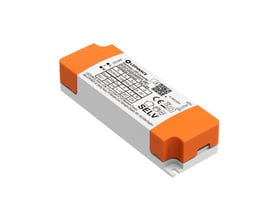 Ledvance 22 W-driver til Panel Comfort med gråt hus, orange ender og mærkat, set skråt ovenfra.
