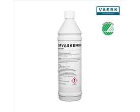 VAERK opvaskemiddel med duft, 1 liter flaske med Svanemærke logo og advarselssymbol.