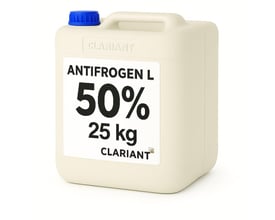 Dunk med Antifrogen L propylenglykol, 50 % og 25 kg, med blå skruelåg og bærehåndtag.