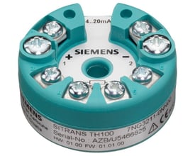 Siemens SITRANS TH100 temperatur transmitter med 4-20mA output, viser tilslutningspunkter og mærker på grøn plast og hvid baggrund.