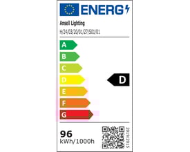 Ansell Lighting energimærke for H-Cell LED bånd, viser energiklasse D med en effekt på 96 kWh/1000h.