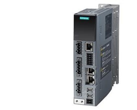 Siemens SINAMICS S210 frekvensomformer i grå og sort med tydeligt Siemens logo, vist fra siden med tilslutningsporte.