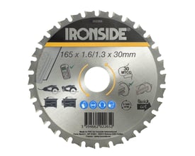 Ironside rundsavklinge til stål, 165 mm, med 30 tænder og MTCG-tandform, set forfra med synlig mærkning.