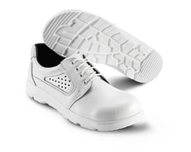 Sika Footwear Optimax snøresko i hvid, størrelse 43, med stål tåværn og skridhæmmende ydersål vist fra siden og ovenfra.