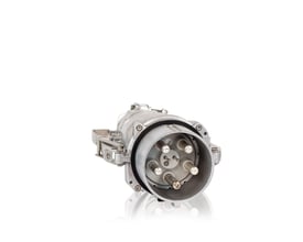 CEE stik 600A, 6h, IP67, 3P+N+PE monteret med 5 kraftige polstifter og et robust metalkabinet.