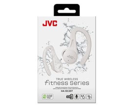 JVC HA-EC25T hvide True Wireless Fitness Series høretelefoner i deres emballage, vist med grafiske elementer.