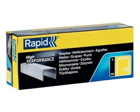 Nærbillede af Rapid 13/10mm hæfteklammer i metalpakke, med tydelig "High PERFORMANCE" logo og produktinformation.