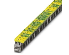 Tæt på Phoenix Contact AKG 16 GNYE tilslutningsklemme i gul/grøn, der viser skruetilslutning og mærkning detaljer.