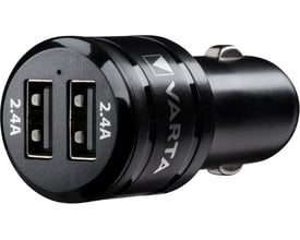 Varta biloplader med dobbelt USB-port, viser to 2.4A USB-udgange og Varta logo i sort design.