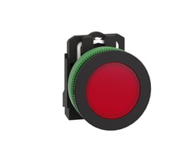 Detalje af Schneider Electric flush signallampe i rød, vist med grønt montagebeslag og 24V LED lyskilde.