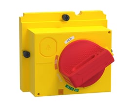 Tættere vinkel på Schneider Electric drejehåndtag R/G, der viser låsefunktion, O-OFF, I-ON og Trip-symboler på gul baggrund.