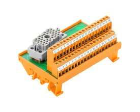 Weidmüllers interface-modul LP2N med 38-polet ELCO-hunstik og orange terminalrækker, set skråt ovenfra.