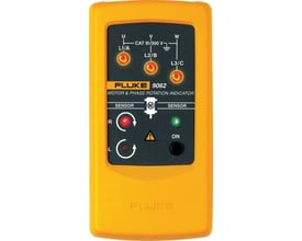 Fluke 9062 motorrotations- og fasefølgeindikator i gul med sort kontrolpanel, der viser lysdioder og symboler.