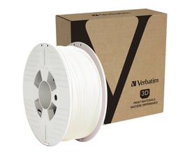 Verbatim 3D printer filament PLA 1.75 mm, 1 kg spole i hvid, vist med sin originale papkasse.