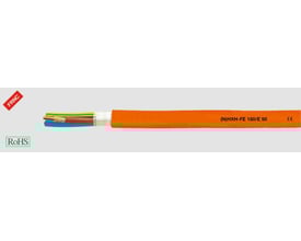 HELUKABEL (N)HXH-FE 180/E 90 installationskabel med orange kappe og fire indre ledere, mærket med FRNC og RoHS.
