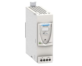 Schneider Electric Phaseo ABL8 konverter modul til 24-28.8V DC input og 5V DC output, med 6A og 30W effekt. Modulet er hvidt med et LCD display og terminaler.