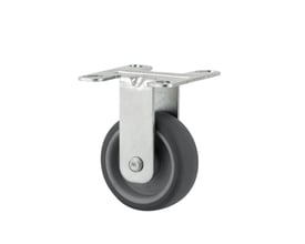 Nærbillede af et Tente fast hjul med grå gummihjul og zink-kromatiseret stålplade monteret på en lys baggrund.