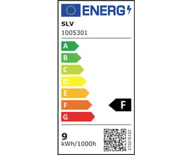 Energimærke for SLV LED-pære A60 med E27-fatning: energiklasse F og forbrug på 9 kWh pr. 1.000 timer.