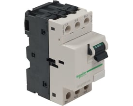 Schneider Electric motorværn GV2-LE03 0.4A med indstillingsområde 13-18A, vist fra siden på hvid baggrund.