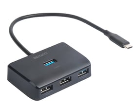 Deltaco USB-C hub i sort med USB-C kabel tilsluttet, fire USB-A porte fremvises forfra.