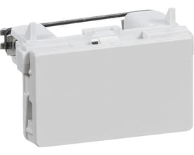 Lysegråt LK FUGA tekstfelt/blænddæksel i ½ modul set skråt forfra med de formonterede gribekløer synlige.