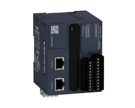 Schneider Electric Modicon M221 PLC med fokus på frontpanelet med status-LED'er, knapper og tilslutningsporte, inklusive 2 analoge indgange.