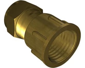 Messing overgangsstykke med 3/4" gevind og 15 mm kompressionskobling med muffe, ideel til rørinstallationer.