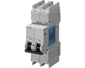 Siemens SENTRON 5SJ4 automatsikring, 2 A og D-kurve, med to poler og sorte vippearme, set skråt forfra.