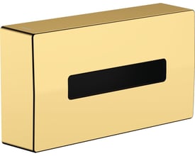 Hansgrohe AddStoris servietdispenser i poleret guld, vist fra siden med et bredt sort indhak til servietter.