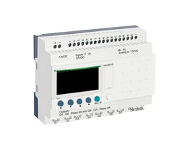 Schneider Electric Zelio 16I/10U smart relæmodul med ur og 12VDC, vist forfra med tydelig mærkning af input og outputterminaler.