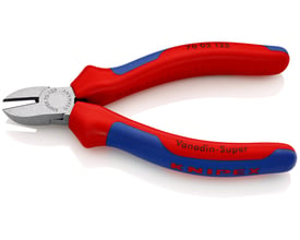 Sammensat billede af Knipex sidebidetang 7002-125 med røde og blå greb, der viser "MADE IN GERMANY" og "Vanadin-Super".