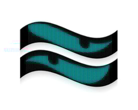 To bølgede pixel matrix paneler viser en grå øjenlignende grafik med blå lyspunkter, 120 mm brede.