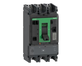 Schneider Electric ComPacT NSX630F 3-polet maksimalafbryder set fra skrå vinkel, viser 500A MicroLogic 1.3 M-relæ og mærkatdetaljer.