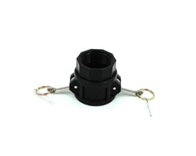 Merlett Camlock kobling type D, 2" hun-kobling i sort polypropylen med indvendigt BSP gevind og låseclips, set forfra.