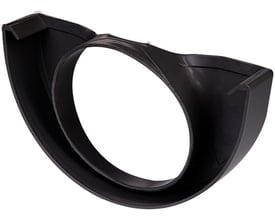 Plastmo endebund med hul til tagrende, 11 tommer og 75 mm, set fra bagsiden med den mørke inderside synlig.