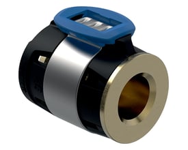 Farvefoto af Geberit FlowFit endeprop til 20mm rør i blyfri siliciumbronze med blå udløserhåndtag.