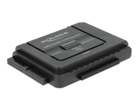 Sort DeLock USB 3.0 til SATA- og IDE-converter med de to IDE-stik synlige set skråt ovenfra.